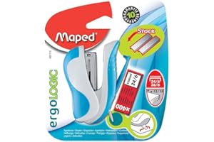 Maped - Mini Agrafeuse Ergologic pour Agrafes 24/6 et 26/6 - Agrafeuse Compacte avec Ôte-Agrafe Escamotable - Toucher Soft - 400 Agrafes Incluses - Coloris Aléatoire