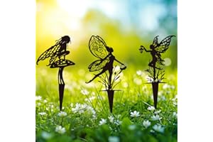 HOLLYLIFE 3 Pieces Metal Flower Fairy Garden Stakes Decoration Outdoor Fairy Yard Plaque Sign Decorations Ground Placard Metal Silhouette Patio Sign For Lawn Planter Outdoor Fence
