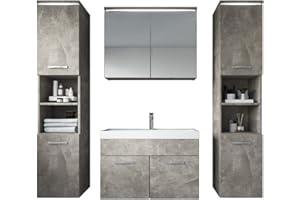 BADPLAATS B.V. Badezimmer Badmöbel Set Paso XL LED 80cm Waschbecken Beton - Unterschrank 2X Hochschrank Waschbecken Möbel