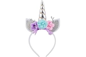 Nishine Unicorn Headband Flower Cat Ear Unicorn Horn Headband Perfect for Party Supplies Fantasy Favor (Silver)