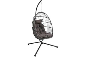 COZYBRITE Egg Chair Garden Swing Seat Rattan Foldable Hanging Hammock with Cushions Stand UV Resistant Outdoor Indoor Furniture (Dark Grey)