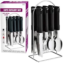 Prima 24-Piece Cutlery Dinner Set With Metal Rack – Stainless Steel, Black/Red/White, Service For 6, Modern Matt Finish