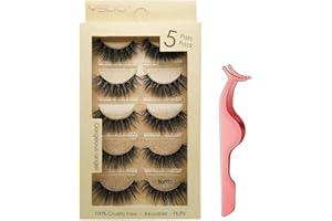 BOUNHOHE 5 paia di ciglia finte in finto visone, 3D, riutilizzabili, spesse, per trucco, extension per ciglia, fatte a mano, con pinzette incluse
