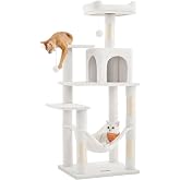 Feandrea Cat Tree, 138 cm, Multi-Level, 4 Scratching Posts | Cat Tower, 2 Platforms, 1 Cave, 1 Hammock, 2 Pompoms, Plush Fabr