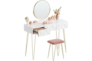 EUGAD toaletka z taboretem i lustrem, obracane o 360°, lustro do makijażu, toaletka z 3 szufladami, wyściełany aksamitny taboret, szuflada z efektem 3D, kolor biały i złoty