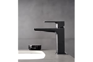 KINGBATH™ Single Lever Mini Mono Basin Mixer Tap with Click Clack Sprung Waste Bathroom Sink Hot and Cold Faucet Solid Brass Modern Matt Black Easy to Fit/Install