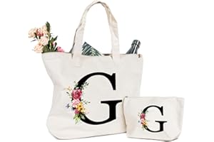 SINEKONG Letras Personalizadas Bolsa de lona, Bolso Tote de Mujer con Inicial y Flores Bolsa de Compras con Bolsillo Interior Alfabeto Bolso de Cosméticos Regalos para Damas Amigas Mamá Regalo Cumpleaños(G)