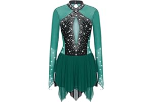 Oyolan Femme Justaucorps Patinage Artistique Gymnastique Danse Strass Brillant Robe Manches Longues Costume Danse S-XXL