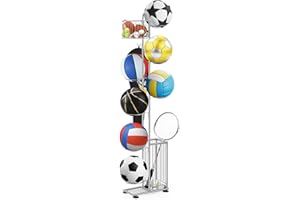 ‎SMUSEI smusei Metal Ball Stand, 7 Tier Ball Storage Rack, Vertical Ball Rack Holder with 2 Baskets & Hooks, Silver 7 tiers