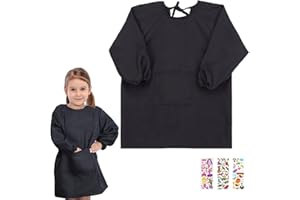 IWTBNOA Kinder Malkittel Schwarz, Kinderschürze mit Ärmel, Malschürze für Kinder, Kinder Kunst Kittel 7~11 Jahre Größe L (Körpergröße 120~140cm), Bastelschürze Kinder für Schule Malen Backen Kochen