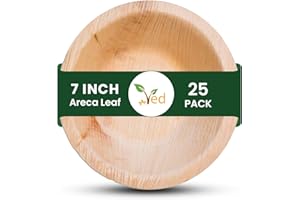 Ved 25 Bol en feuille d'arec écologique, biodégradable, grand 7" 20 cm (600 ml), bols de service jetables ronds profonds, compostables, pour salade, fête.