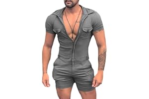 HONGBI Herren Sommer Kurze Jumpsuit Einfarbig Spielanzug Männer Playsuit Hosenanzug Casual Strampler Einteiler Reißverschluss Sportbekleidung Jogginganzug Kurze Hose Kurzarm Overall Onesie mit Taschen