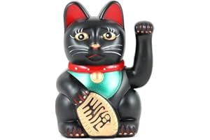 Huang Fong 6" Black Fortune Cat Maneki Neko Waving Lucky Cat