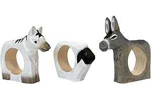 your castle Anelli portatovaglioli, intagliati a mano, design animale, pecora, cavallo, asino, set da 3 pezzi, in legno, dipinti a mano, versatili, con base stabile, 8 x 6 x 2 cm