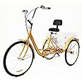 Chynalys Adult Tricycle Adult 6 Speed 3 Wheel Bike Tricycle Trike Cruiser Bike Tricycle Seniors Shopping Cargo Trike with Basket for Elderly Outdoor Shopping, Height Adjustable, Yellow, 24 inch