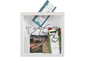 CAINCAY Adventure Archive Box, 20x20cm White Travel Memory Box Wood Frame Travel Tickets Box, Travel Collection Box Travel Shadow Box with Slot for Movie Theater Travel Tickets Stubs