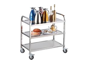 tonchean 3 Tier Stainless Steel Serving Trolley Rolling Utility Cart Serving Catering Trolley with Lockable Wheels for Home Restaurant Hotel Bar Weight Capacity 750 x 400 x 835 MM