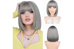 ‎JIAMEISI Kurze Bob-Perücke mit Pony 30cm Farbenfrohe Synthetische Hitzebeständige Faser Glatte Bob-Haar für Frauen und Mädchen Cosplay-Party, Weihnachten, Halloween und tägliche Nutzung (Grau)