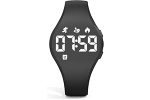 Focwony Digitale Fitness-Tracker-Uhr für Kinder mit LED-Anzeige, für 5–15 Jahre, wasserdichte Armbanduhr ohne App, mit Schrittzähler, Wecker, für Kinder, Jungen, Mädchen, Teenager (Schwarz)