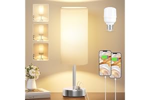 Seealle Bedside Lamps, Touch Lamps Bedside with USB-C+A Charging Ports, 3-Way Dimmable Table Lamp with White Fabric Shade, Small Table Lamp for Bedroom Living Room (Bulb Included)
