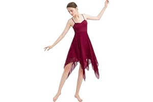 FYMNSI Women Lyrical Dance Costume Modern Contemporary Ballet Dancewear Spaghetti Strap Handkerchief Hem Chiffon Flowy Camisole Dress Stag Performance Clothing