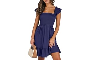 HUXRAKV Vestito Donna Estivo Casual Vestito da Mare Abito Scollo a V Cravatta Spalla Ruffle Swing A-Line Mini Abiti da Spiaggia