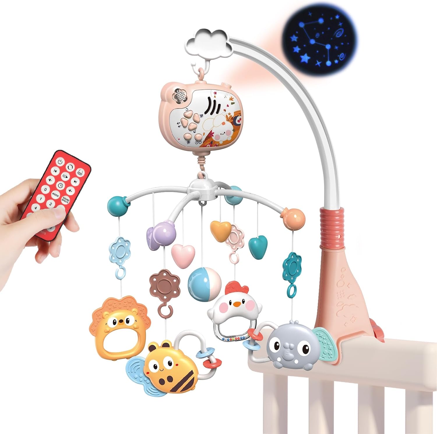 Aolso Móvil Musical para Cuna de Bebé,Colgante Para Cochecito Con Campana,Mando a distancia Móvil de cuna con proyección & Función de tiempo,Bebé Móvil para Cuna,Sonajeros para animales, Conejo-Rosa