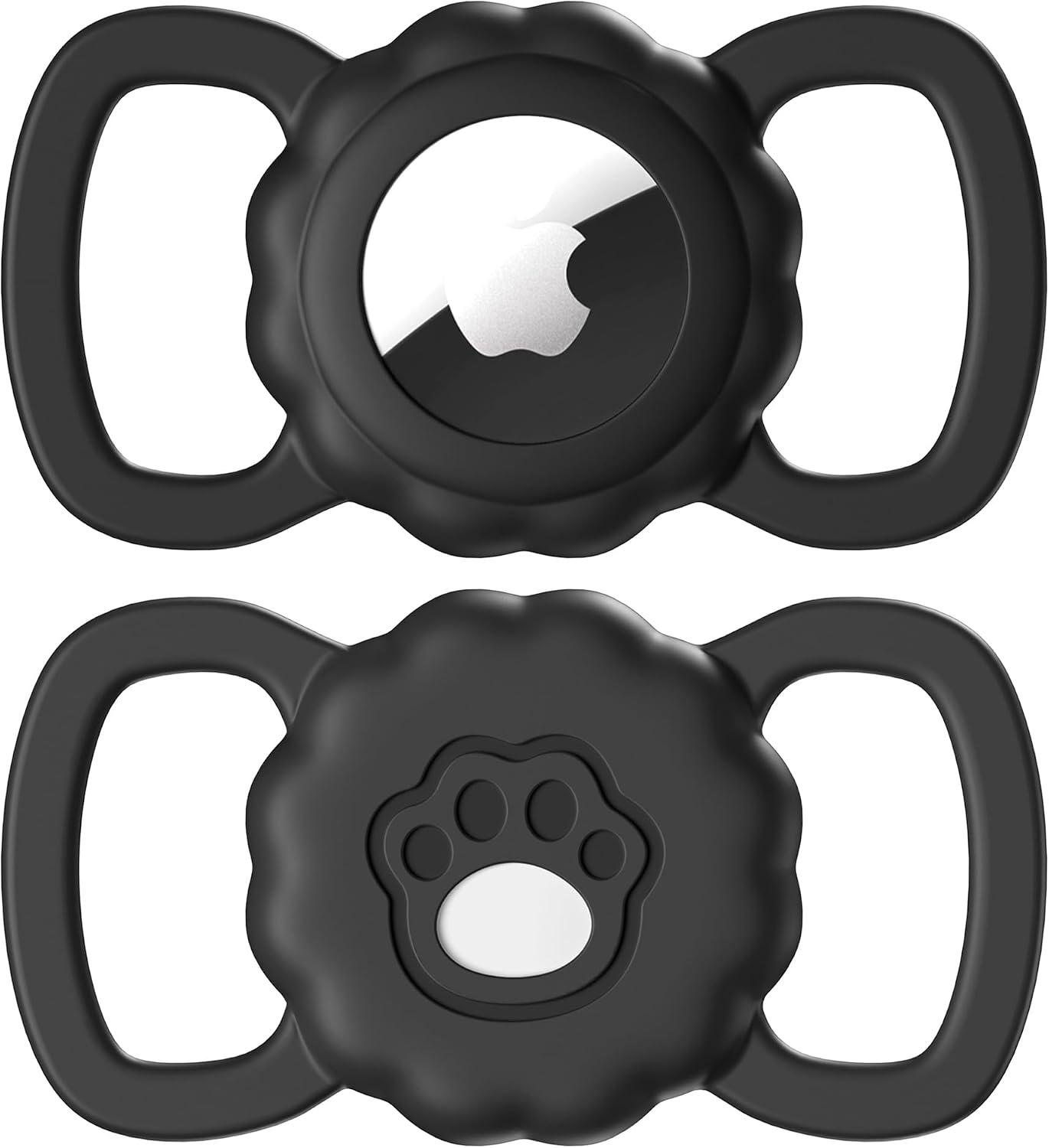 Maledan 2 Pack Airtag Dog Collar Holders Compatible with Apple AirTag GPS Tracking Finder - Air Tag Protective Silicone Case with Paw Pattern for Dog Airtag Holder Cat Collar Loop Holder, Black+Black