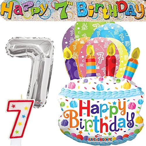 7th Birthday Decorations Kit Boy Girl Banners, Balloons Candles Party Decoration and 12 Free Happy Birthday Stickers Pack FREE DELIVERY