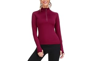 Terecey T-Shirts de Sport Femme à Manches Longues Tee Shirt de Course à Pied 1/4 Zip T Shirt de Compression Thermique Séchage Rapide avec Trous pour Les Pouces Respirant