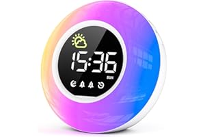 HERMIC Reveil, Réveil Enfant Lumineux avec Veilleuse LED RGB, Reveil Matin Secteur Con Machine à Sons& Minuteur, Double Alarme, 12/24H, Luminosité et Son Réglable(Adaptateur Inclus)