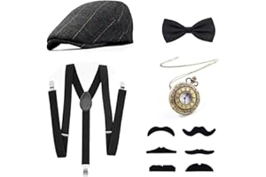PLAYTEE 1920s Gatsby Costume for Men Fancy Dress Accessories Set - Panama Hat, Elastic Y-Back Suspender, Bow Tie, Fake Moustache and Vintage Pocket Watch