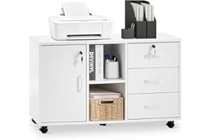 ‎TUKAILAI TUKAILAI Rollcontainer Abschließbar mit 3 Schubladen, Lagerung Fach und Offene Regale, Aktenschrank, Büroschrank mit Rollen, Dokumente in DIN-A4, Legal, Letter-Format, Büromöbel, Weiß