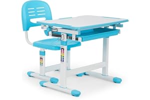 OneConcept Tommi Children's Desk Set - 2 Pieces, Table, Chair, Height Adjustable, Ergonomic, Grows with your Child, Tiltable Table Top, Seat and Leaning Surface with Ventilation Slots - Blue