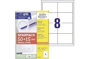 AVERY Zweckform 4782-65 universella etiketter (400 plus 120 självhäftande etiketter extra, 97 x 67,7 mm på A4, tryckbara fraktetiketter, självhäftande fraktklistermärken med ultragrip) 65 ark