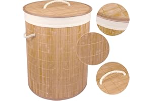 NEWTY Cesto de Bambú con Tapa para la Ropa Sucia Compartimento Cubo Colada Lavanderia Plegable con Asa de Cuerda Cesta de Almacenamiento Organizador Cubierta Bolsa Extraíble Laundry Basket (Rdo. M Natural)