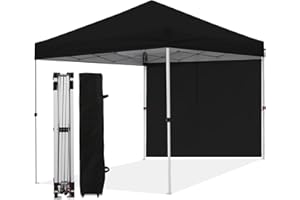 LANMOUNTAIN 10X10 FT Pop Up Canopy Tent w/1 Sidewall, Waterproof Gazebo and 99% UV Protection, 1 Wheel Bag, 4 Ropes, 8 Stakes, Instant Shelter for Outdoor Parties, Gardens, Commercial,Black