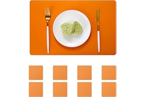 BECHEN Placemat and Coaster Set of 8,Waterproof artificial leather Heat Resistant Placemat Washable Table Mats Sets (Orange)