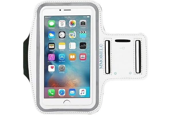 MMOBIEL Brassard pour Le Sport Compatible avec iPhone 17/16/15/14/13/12/11//X/XR/XS/8(+)/7(+) Samsung S20/S10(+)/Note 10 (Blanc) 6.2 inch néoprène Etanche et élastique, Bandes réflectives