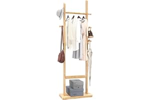 Aibiju Coat Stand 180 cm with Rectangular Base and 5 Hooks Clothes Rack for Hanging Coats, Clothes, Suits, Jackets, Easy to Assemble and Sturdy, Natural Wood Colour YD-202