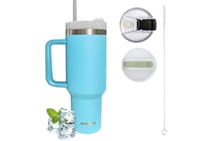 STARLA Kubek termiczny ze słomką i uchem o pojemności 1,2 l, 2 pokrywki, zabezpieczony przed wyciekiem, ze stali nierdzewnej, kubek termiczny do kawy, kubek na wodę, do napojów (Baby Blue)