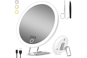 Suupvaor Espejo de Aumento 20X con luz, Espejo de Aumento 20x con luz y 3 Modos de Color, Espejo de Aumento Iluminado Recargable de 15cm con 3 ventosas y Soporte de Mesa de 360°, con Pinzas y Tijeras