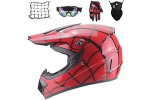MRDEAR Casque Moto Enfant, Rouge/araignée, Casque VTT Integral Casque Motocross avec Lunettes (5 PCS) Casque Hors Route Set Protection Moto Enduro BMX Velo Quad ATV Scooter (B,S)