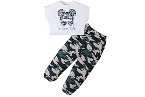 KONFEN Ensembles Fille Vetement Fille, Hip-hop Crop Top + Pantalon Camouflage avec Poche, T-shirts Manches Courtes et Pantalon Sport Ensemble Vêtements pour Filles 5-12 Ans, Vert/Noir/Bleu/Violet