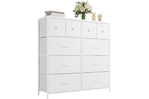 Nicehill Dresser for Bedroom with 10 Drawers, Storage Drawer Organizer, Tall Chest of Drawers for Closet, Clothes, Kids, Baby, Living Room, Wood Board, Fabric Drawers, White