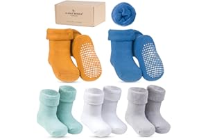 HANA MAMA LONDON 5 Pairs Premium Organic Cotton Baby Winter Thermal Non/Anti Slip Socks for Newborn Toddler, Baby Warm Cozy Thick Terry Cushion Socks with Grips (0-3Y) - Gift Box