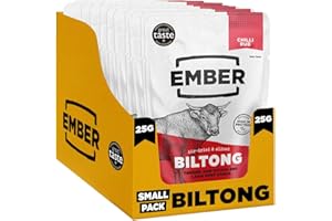 ‎EMBER Ember Snacks - Biltong Beef Jerky (25g x 10 Chilli) Proteinreich, kalorienarm. Fettarmer, Snack für unterwegs, hergestellt aus britischem und irischem Rindfleisch