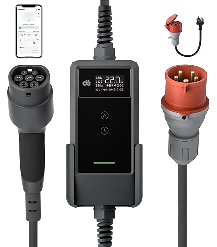 GUWIEYG Câble De Charge Type 2 CEE 22KW 32A Triphasé - 5 M Avec Affichage Digital Et Réglage De Courant - Pour Véhicules Électriques Et Hybrides - 9