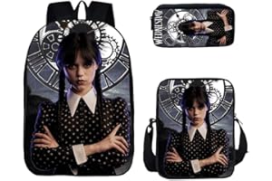 HAOYUNLAI Mercredi Sac à Dos, 3 pièces Trousse Cartable Mercredi Addams Sac à Dos avec Sac à Lunch et Trousse à Crayons, Mercredi Addams Sac À Dos D'école pour Adolescents Filles (Style 4, 16 Pouces)