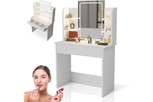 Juskys Schminktisch Zoey mit LED-Spiegel, großer Touch-LED-Spiegel mit Rahmen, Schublade & Regal, viel Stauraum, pflegeleicht & modern — Weiß